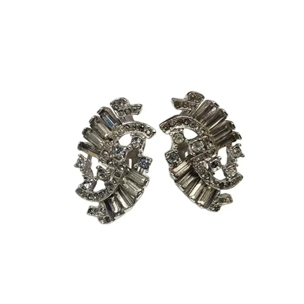 Vintage Rhinestone Cluster Clip on Earrings Silver Tone